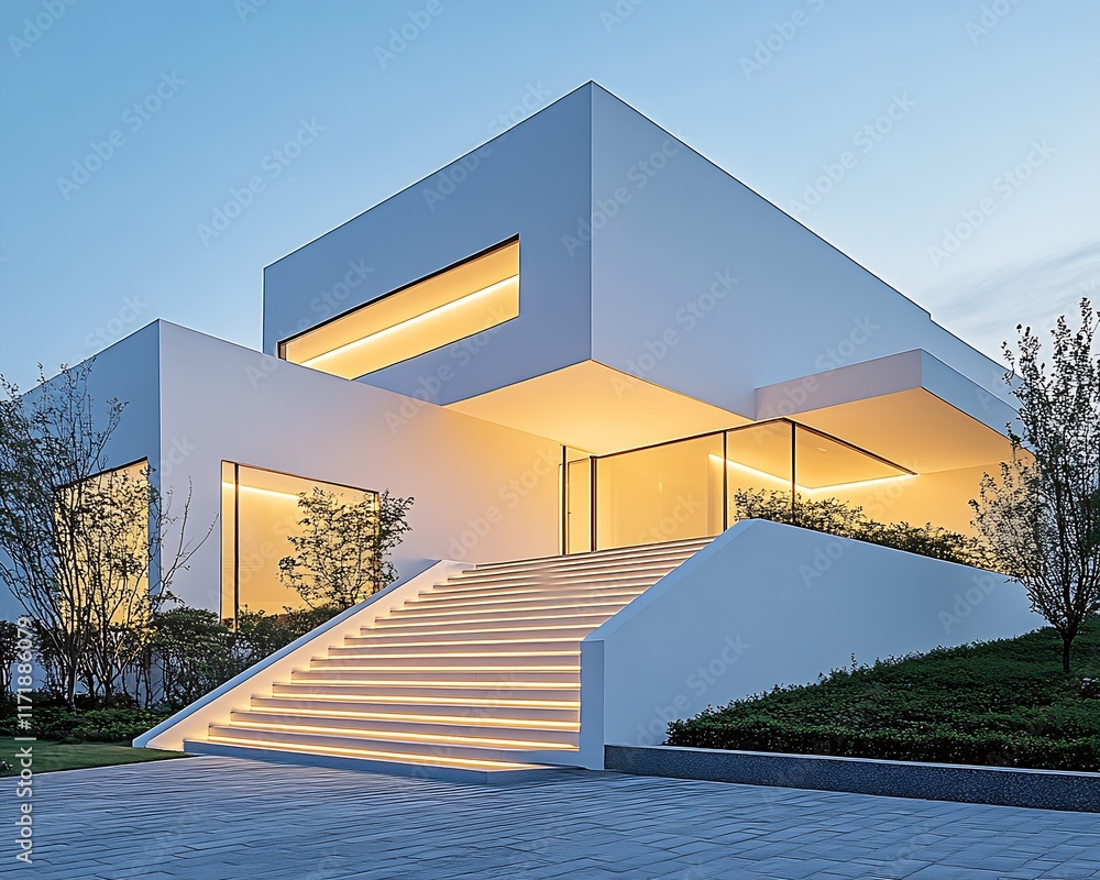 Poster Modern Minimalist House with Illuminated Steps and Large Windows at Dusk : Generative AI