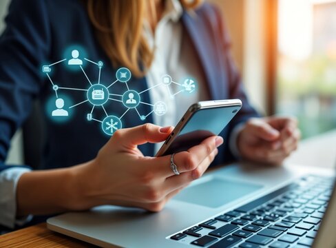 Businesswoman uses smartphone for online banking, payments. Modern app, internet access allow for secure communication. Multichannel online payment system supported by global network. Digital tech,