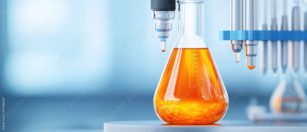 Poster laboratory flask with orange liquid and pipette drop