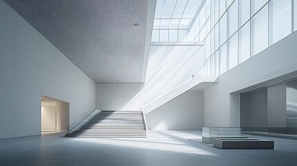 Obraz premium Modern Minimalistic Architectural Interior with Illuminated Stairs and Large Windows : Generative AI