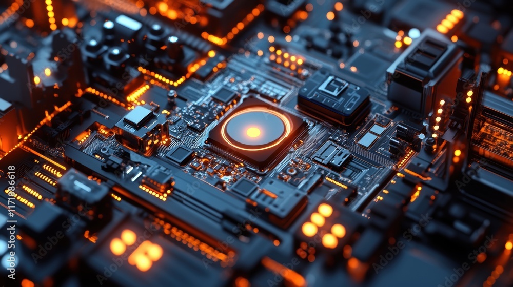 Poster close up view of a futuristic cpu glowing orange, actively processing data on a complex circuit boar
