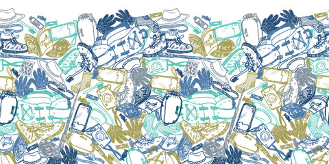 Vector white seamless chaotic overlap doodle sketch horizontal border pattern with objects for trekking and hiking. Suitable for posters and trekking brochures.