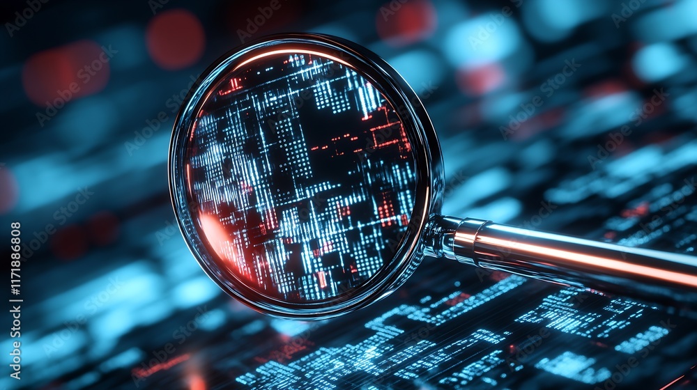 Aufkleber Magnifying Glass on Digital Code Symbolizing Data Analysis and Cybersecurity : Generative AI