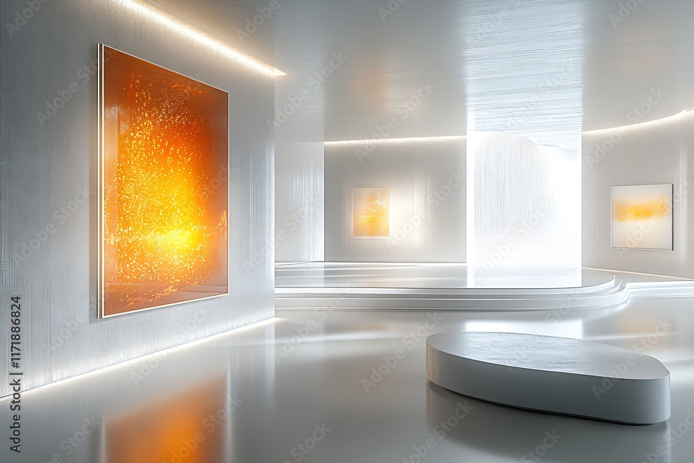 Poster futuristic art gallery with stunning orange abstract painting display : generative ai