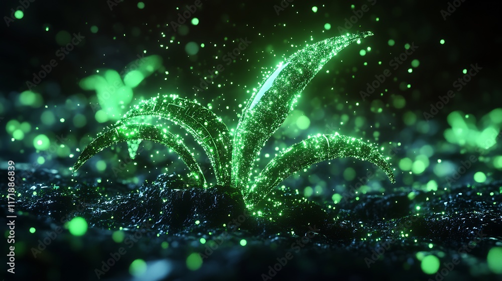 Poster Futuristic Digital Plant with Sparkling Green Leaves Representing Technological Innovation and Ecology : Generative AI