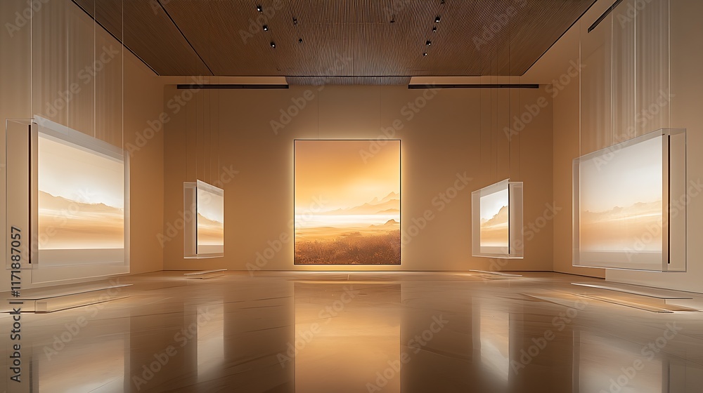 Poster Minimalist art gallery with large landscape paintings and soft ambient lighting : Generative AI
