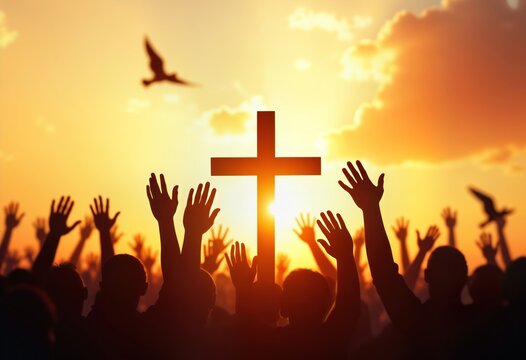 Silhouettes of people raise hands in praise, worship during religious service. Sunlight highlights large cross in background. Religious gathering taking place outdoors. Faith, devotion evident in