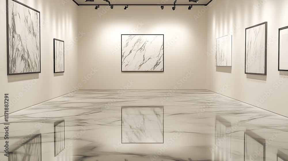 Poster Modern Art Gallery Exhibition with Abstract Paintings and Reflections on Marble Floor : Generative AI