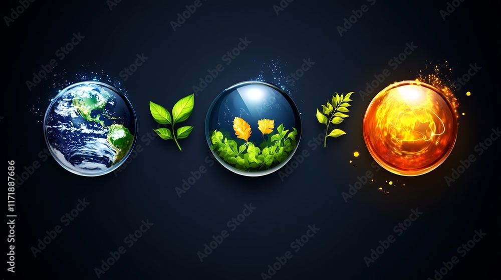 Aufkleber Three Elemental Orbs Representing Earth Water and Fire : Generative AI