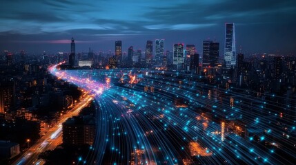 Smart city digital transformation development concept. Band lights over modern urban cityscape at night