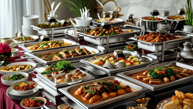 A buffet table displaying a variety of dishes, including appetizers, main courses, and desserts, inviting guests to indulge