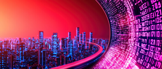 Futuristic cityscape with digital data visualization elements