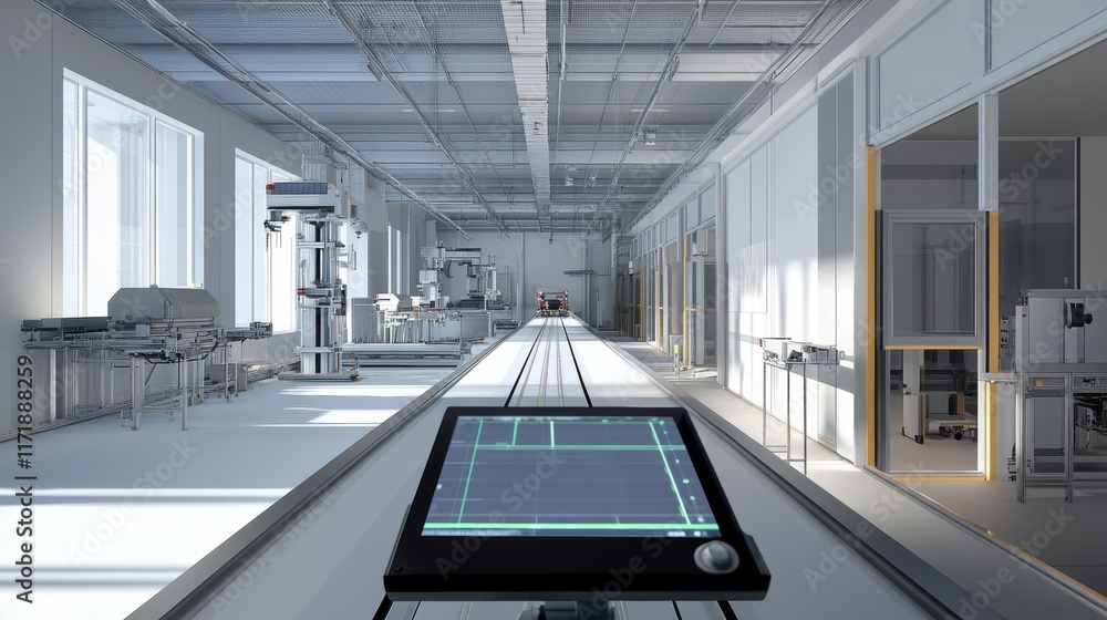 Poster modern car factory with automated assembly line and control panel monitoring production process, sho