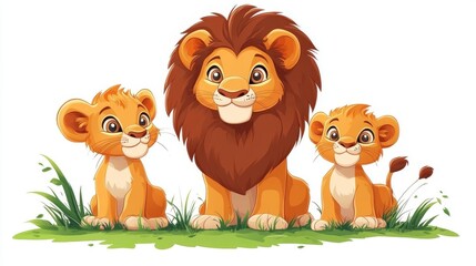 Fototapeta premium cute family of lions stands on a green meadow on a white background