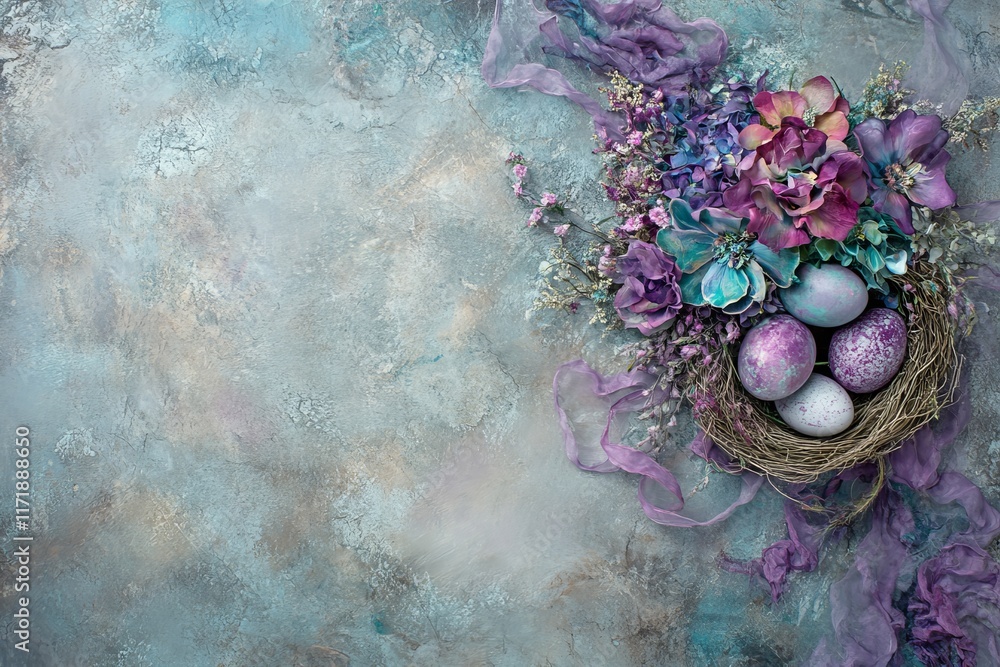 Poster easter eggs in a nest and spring flowers create a happy easter scene. background suitable for easter