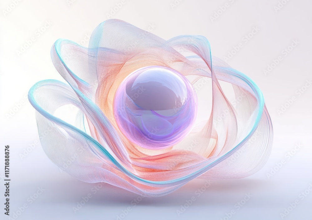 Poster surreal 3d render of floating orb with ethereal ribbons in soft pastel colors