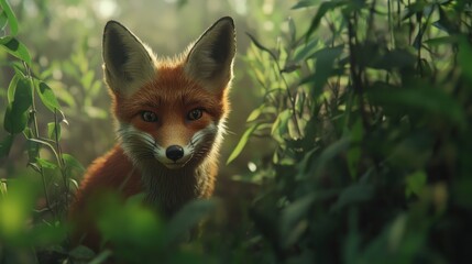 Obraz premium A close-up of a fox peering through lush greenery in a serene forest setting.