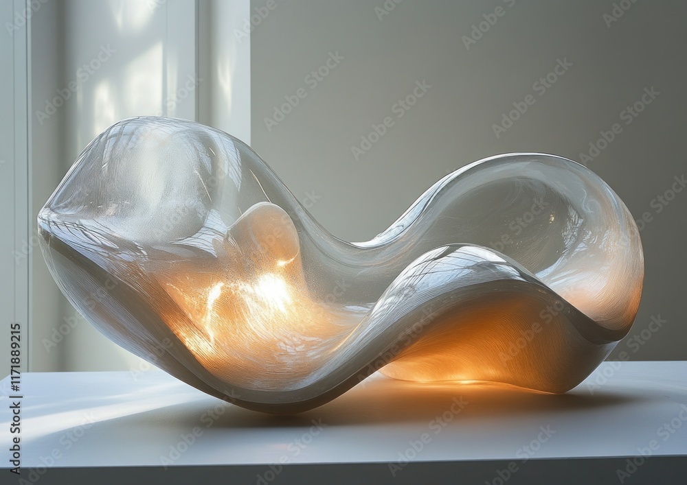 Poster dynamic abstract sculpture with smooth curves and soft lighting in iridescent glass