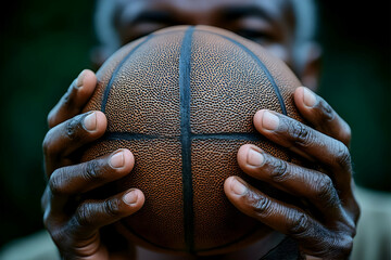 Close-up of senior man's hands holding a basketball.