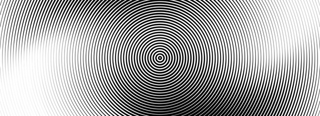 Black concentric circle texture. Radial geometric pattern background. Round rippled ring wallpaper for brochure, template, poster, overlay. Vector