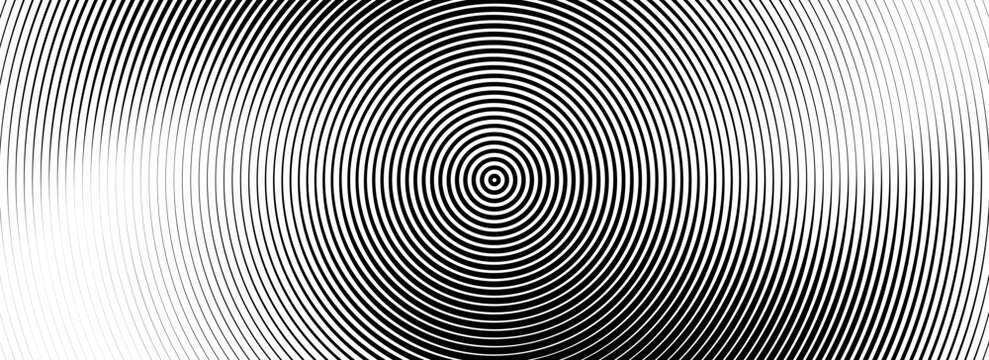 Black concentric circle texture. Radial geometric pattern background. Round rippled ring wallpaper for brochure, template, poster, overlay. Vector