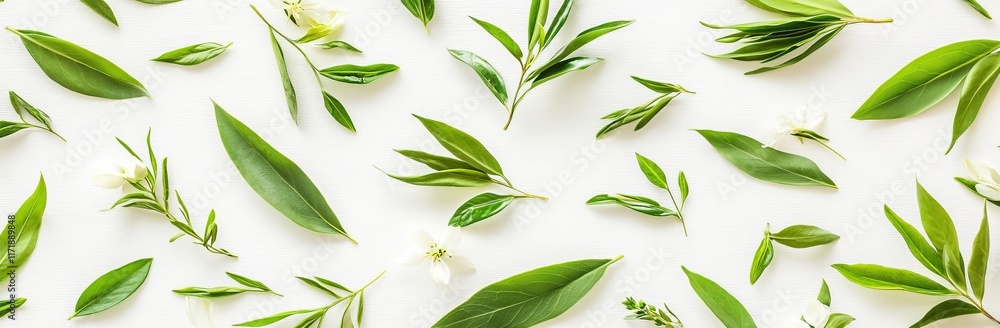 Poster top view of green eucalyptus branches displayed in a flat lay on a white background