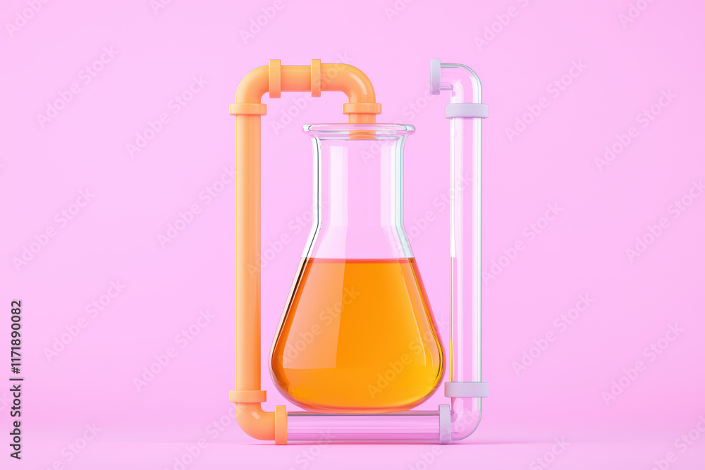 Poster laboratory flask with colorful pipes on pink background