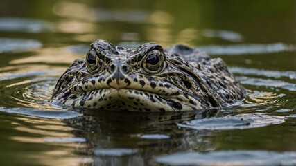 Primer plano de una rana parcialmente sumergida en el agua, mostrando los patrones y texturas de su piel