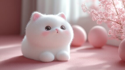 White cute cat toy on a pink background. Cartoon character.