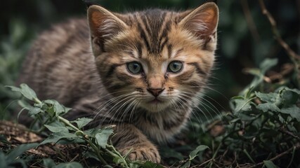 Adorable gatito de ojos verdes descansando en un entorno natural, rodeado de hojas verdes y con un patrón de pelaje a rayas