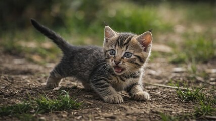 Naklejka premium Pequeño gatito de ojos grandes y pelaje a rayas explorando el exterior, capturado en un momento de curiosidad y juego
