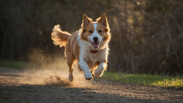 Perro corriendo en un camino de tierra con un fondo de &aacute;rboles desenfocado, capturando la velocidad y energ&iacute;a del movimiento