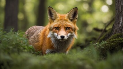 Fototapeta premium Zorro de pelaje marrón rojizo en un bosque verde y exuberante, destacando su hábitat natural y la tranquilidad del entorno