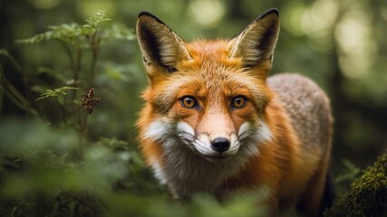 Obraz premium Zorro en un ambiente natural, resaltando su pelaje distintivo y el verdor del bosque circundante