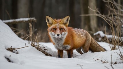 Zorro rojo de pie en un bosque nevado, capturando su adaptaci&oacute;n y belleza en un entorno invernal