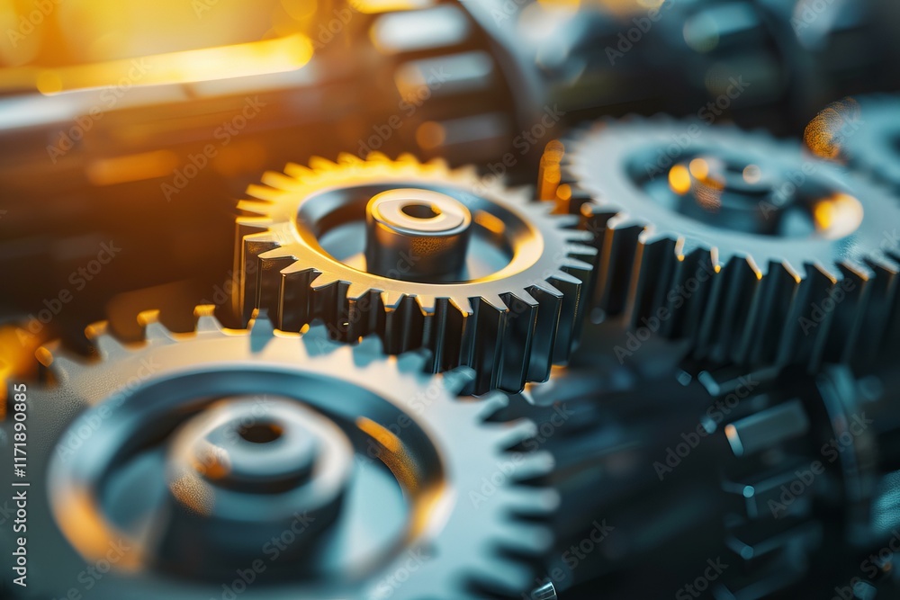 Poster close up of metallic gears intermeshing, representing teamwork, precision engineering, and interconn