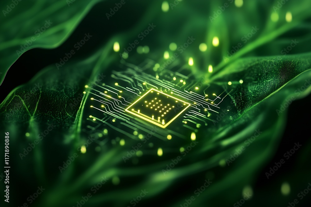 Poster conceptual green technology with microchip on leaf circuitry illustrating sustainability : generativ