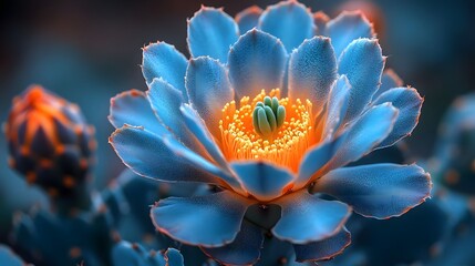 Close-up of a vibrant blue cactus flower with orange center, showcasing intricate details and textures.