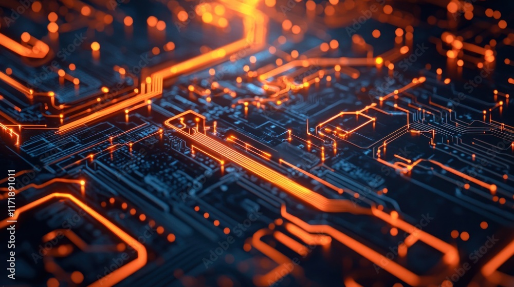 Poster digital connections: abstract futuristic circuit network on dark background