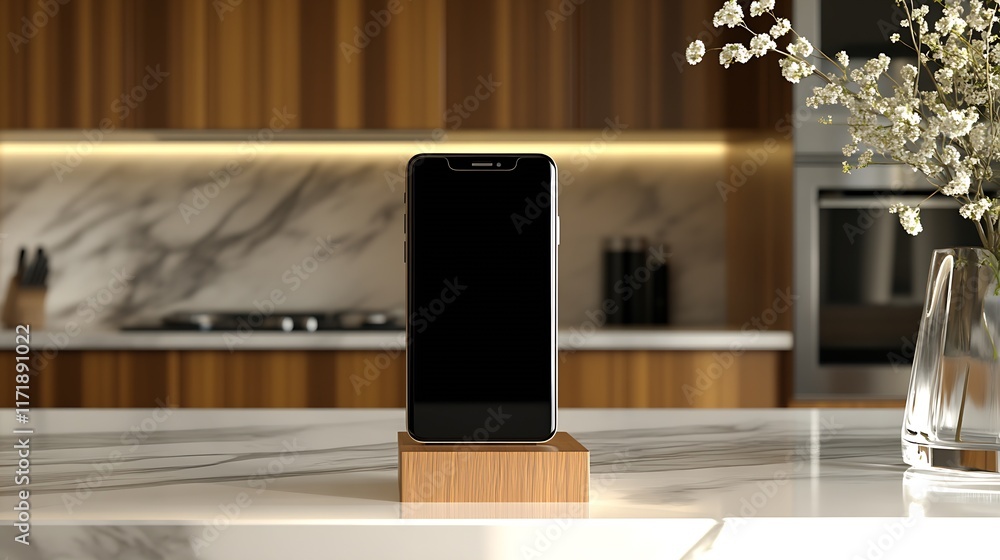 Poster smartphone on wooden dock in modern kitchen with minimalist design elements : generative ai