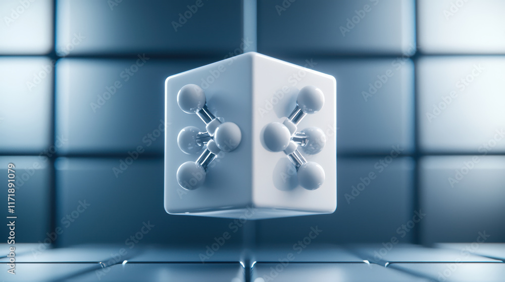 Poster minimalist 3d cube with spherical elements, floating in space