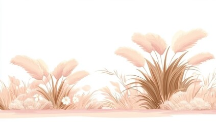 Horizontal floral border with abstract yellow flowers, green leaves, and plants, and flying butterflies. This watercolor isolated pattern is set against a white background and showcases a panoramic