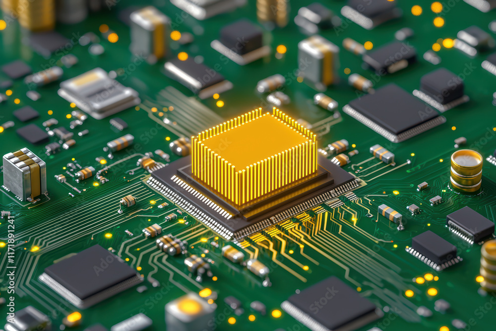 Poster close up of circuit board with golden microchip
