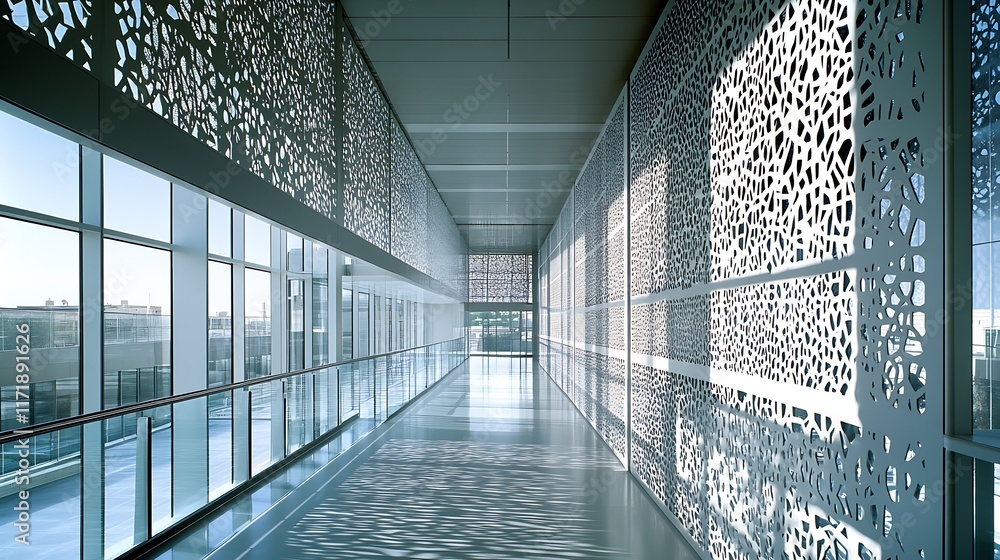 Aufkleber Contemporary building hallway with textured glass and metal wall patterns : Generative AI