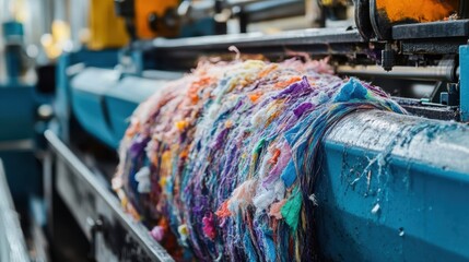 Obraz premium Close up view of textile waste being processed by an industrial recycling machine, transforming discarded colorful fabric scraps into reusable material for sustainable production