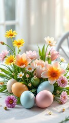 Spring flowers and pastel easter eggs on a sunlit table