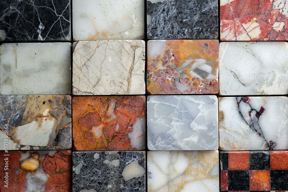 Poster collection of marble tiles showing different textures and colors