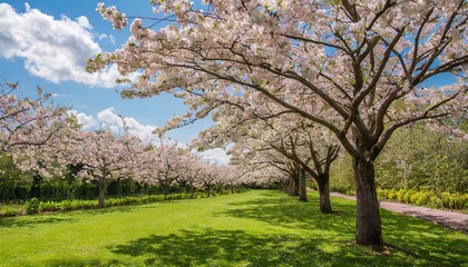Obraz premium Blossoming Cherry Trees in a Serene Garden