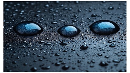 Three large water droplets with blue reflection on dark wet surface.
