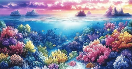Fototapeta premium Stunning Vibrant Underwater Coral Reef at Sunrise with Colorful Marine Life and Clear Ocean Waters for Nature Lovers and Enthusiasts